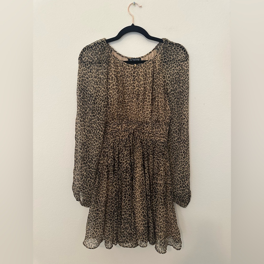 NWT J. Crew Elena Long-Sleeve Mini Dress Leopard Print XXS Chiffon Contemporary